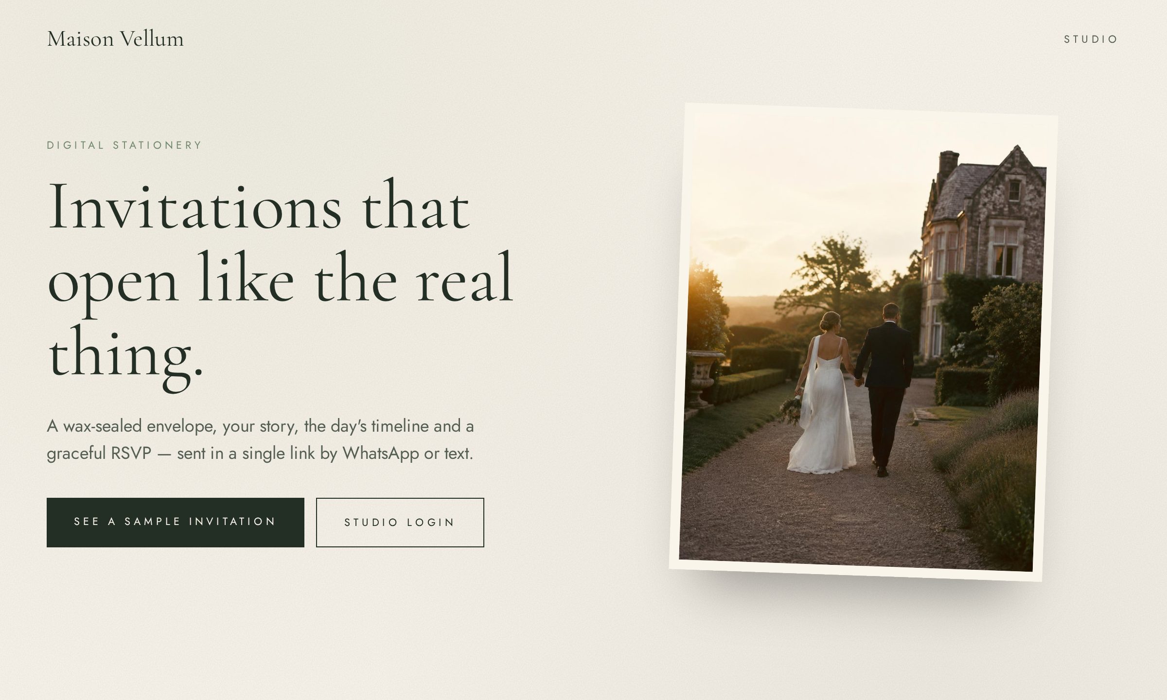 Screenshot of the Wedding Bloom website: a linen-coloured page with the headline Invitations that open like the real thing and a tilted photograph of a couple at sunset.